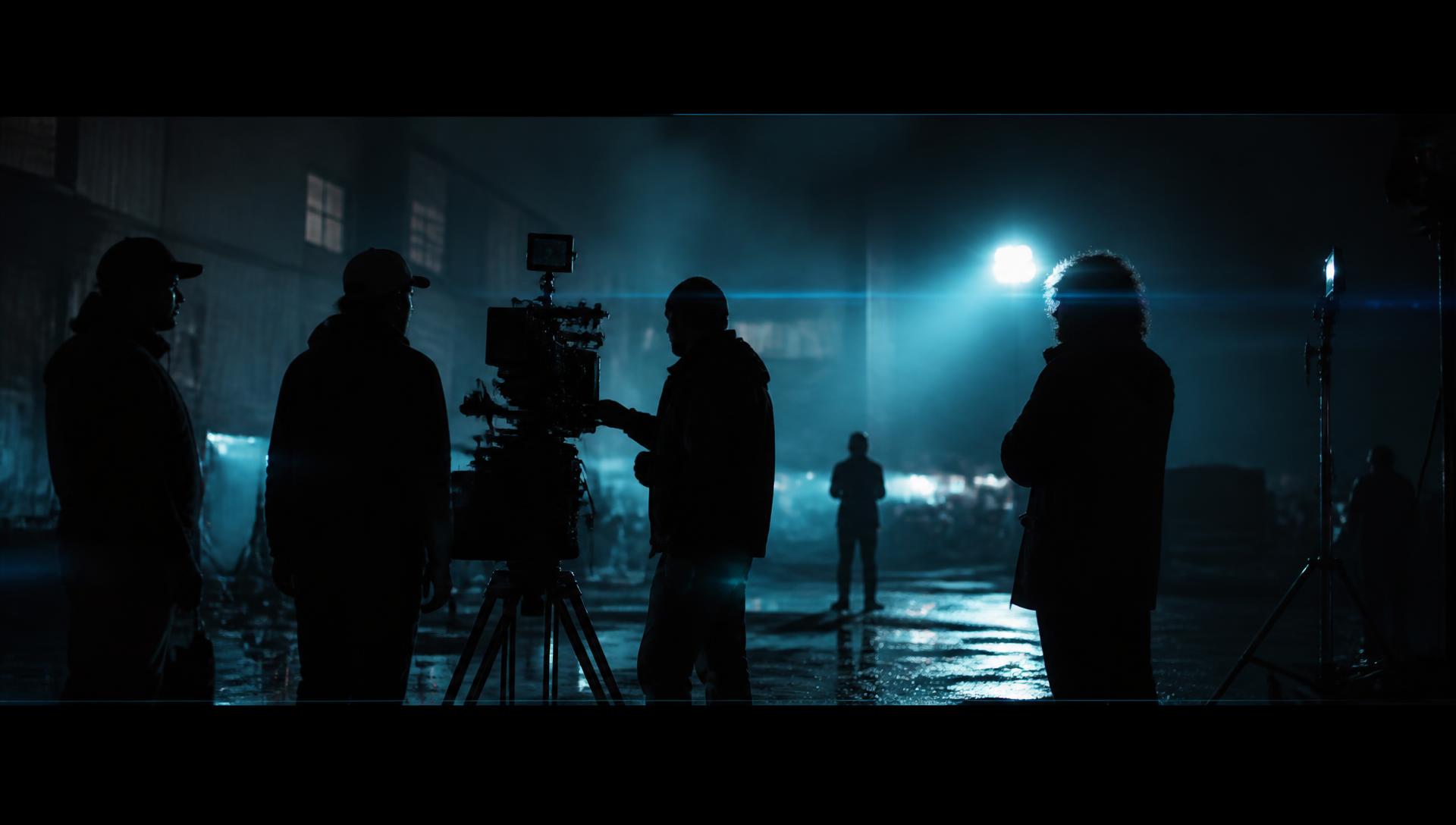 Film crew shooting on a hazy night set